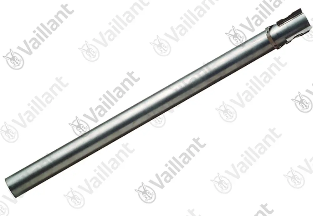 Vaillant Abgasrohr, schlanker metallischer Rohrabschnitt, gerader Verlauf, mit einem Anschluss am oberen Ende, für den Einsatz in Heizsystemen.